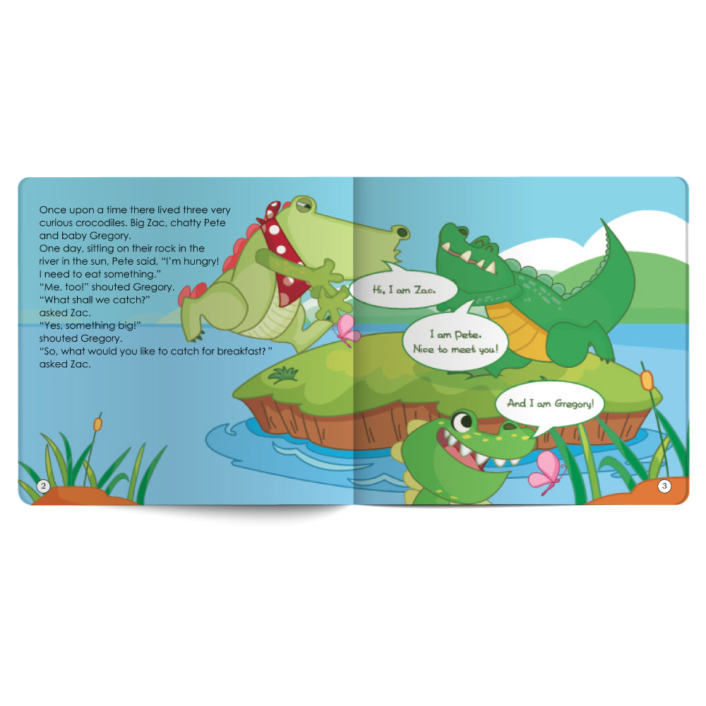 Illustrated book open to pages with cartoon crocodiles on a blue background