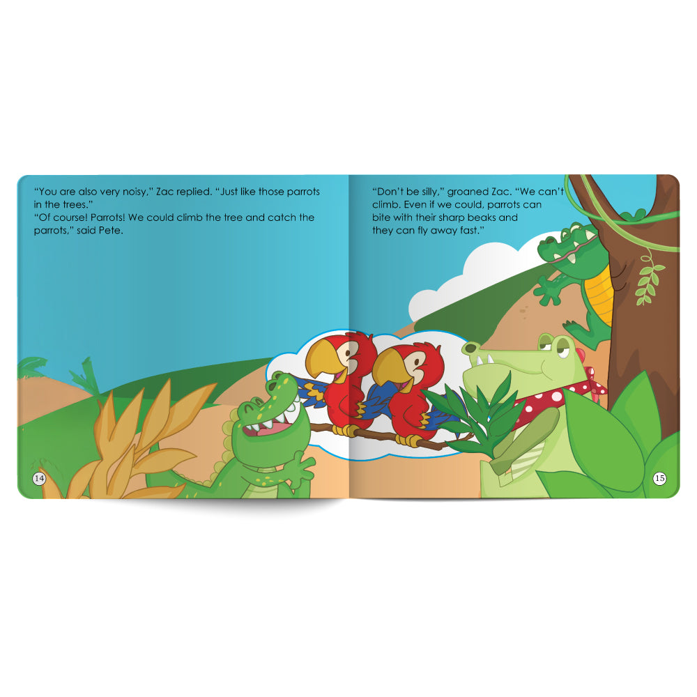 Open book with colorful illustration of a crocodile and parrots in a jungle setting