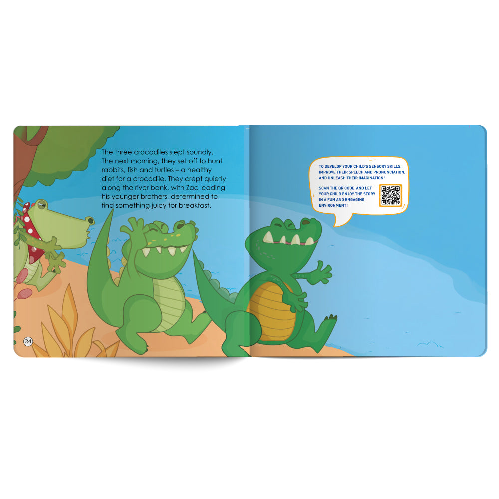 Illustrated book page with cartoon alligators and a QR code on a blue background
