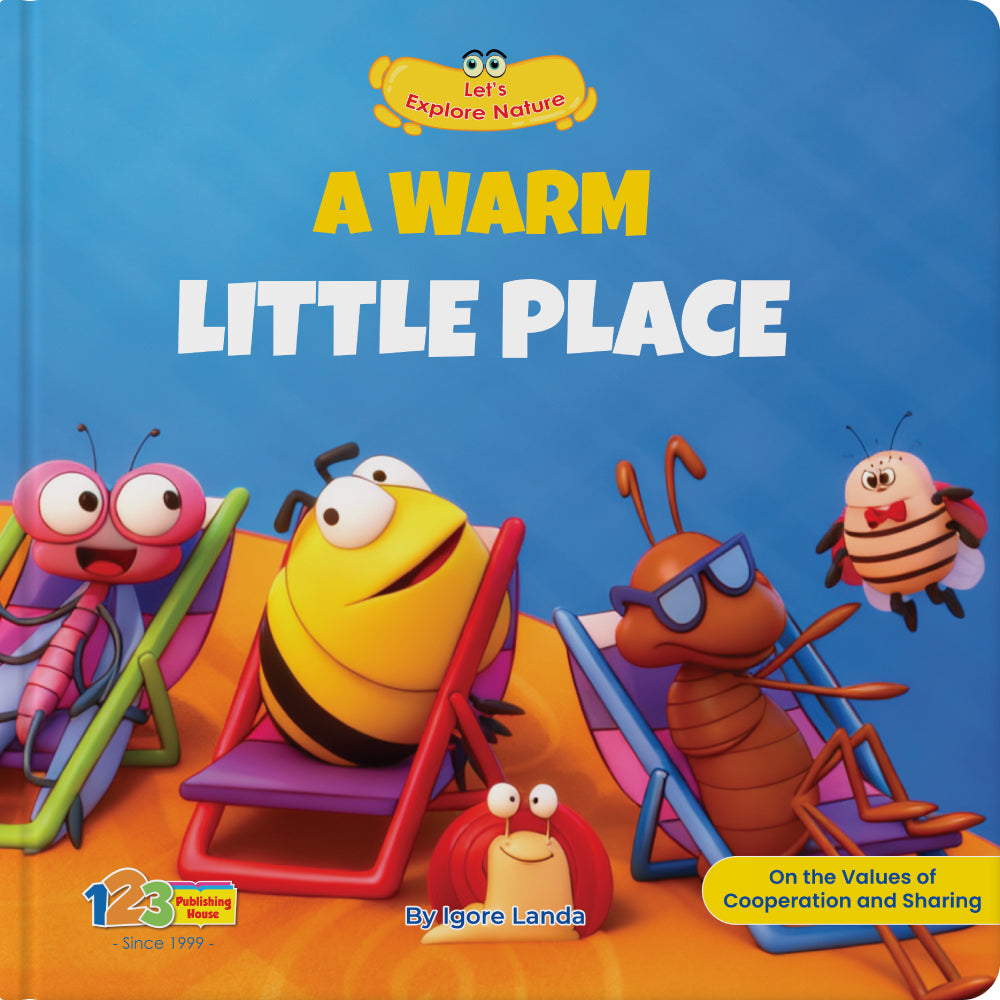 Children's book titled 'A Warm Little Place' with cartoon characters on a blue background