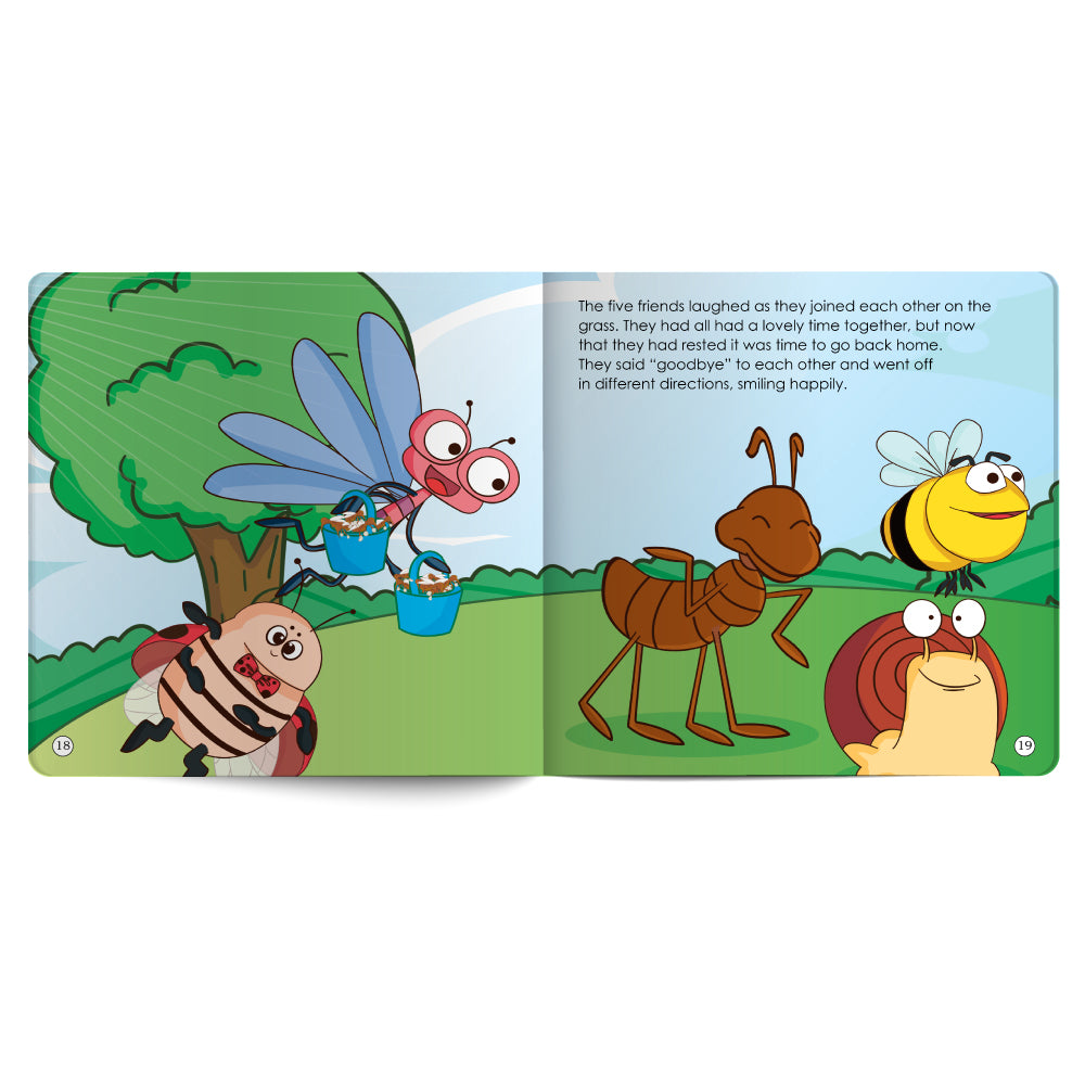 Open book showing cartoon insects on a green background