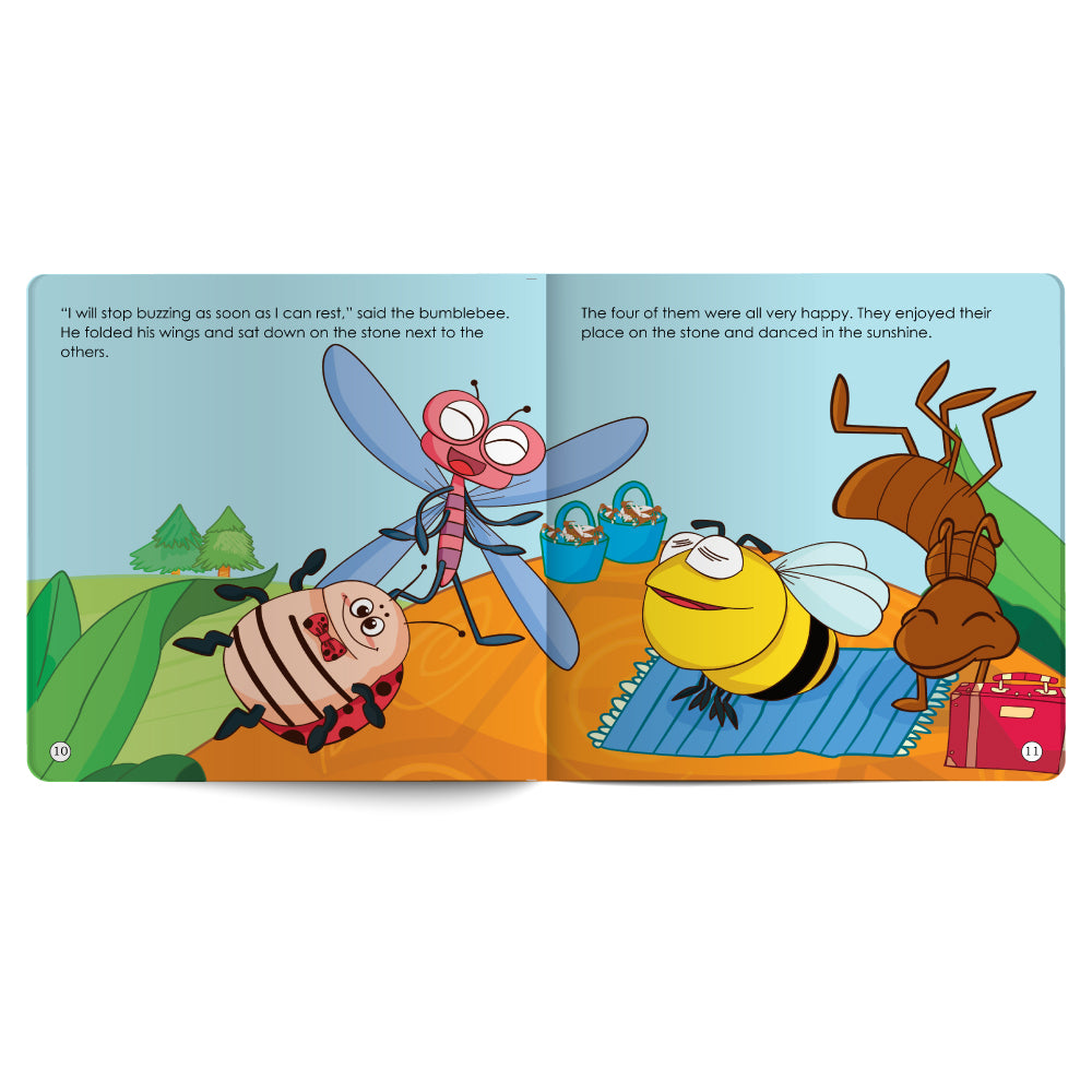 Open book showing cartoon bees and ants on a stone