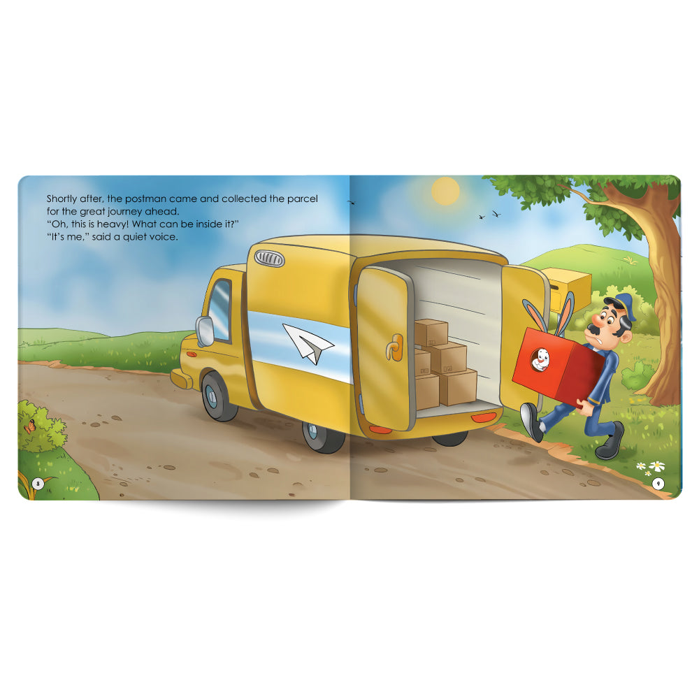 Illustration of a yellow delivery van with open door and boxes, and a character walking towards it on a road with greenery.