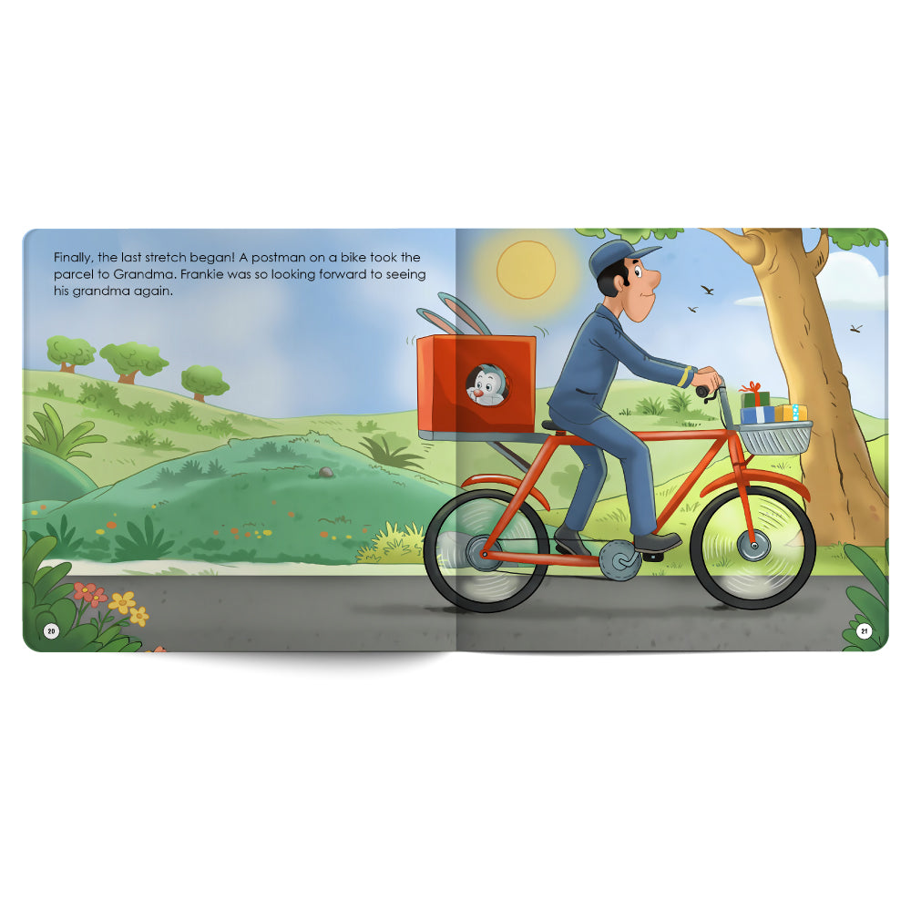 Illustration of a postman on a bike with a package in a book format