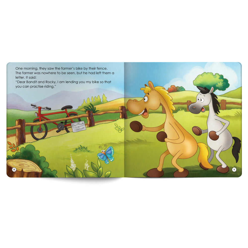 Illustrated book open to two pages with cartoon horses and a bike in a field.