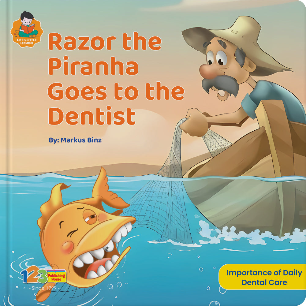 Book cover of 'Razor the Piranha Goes to the Dentist' with a cartoon fish and man in a boat.
