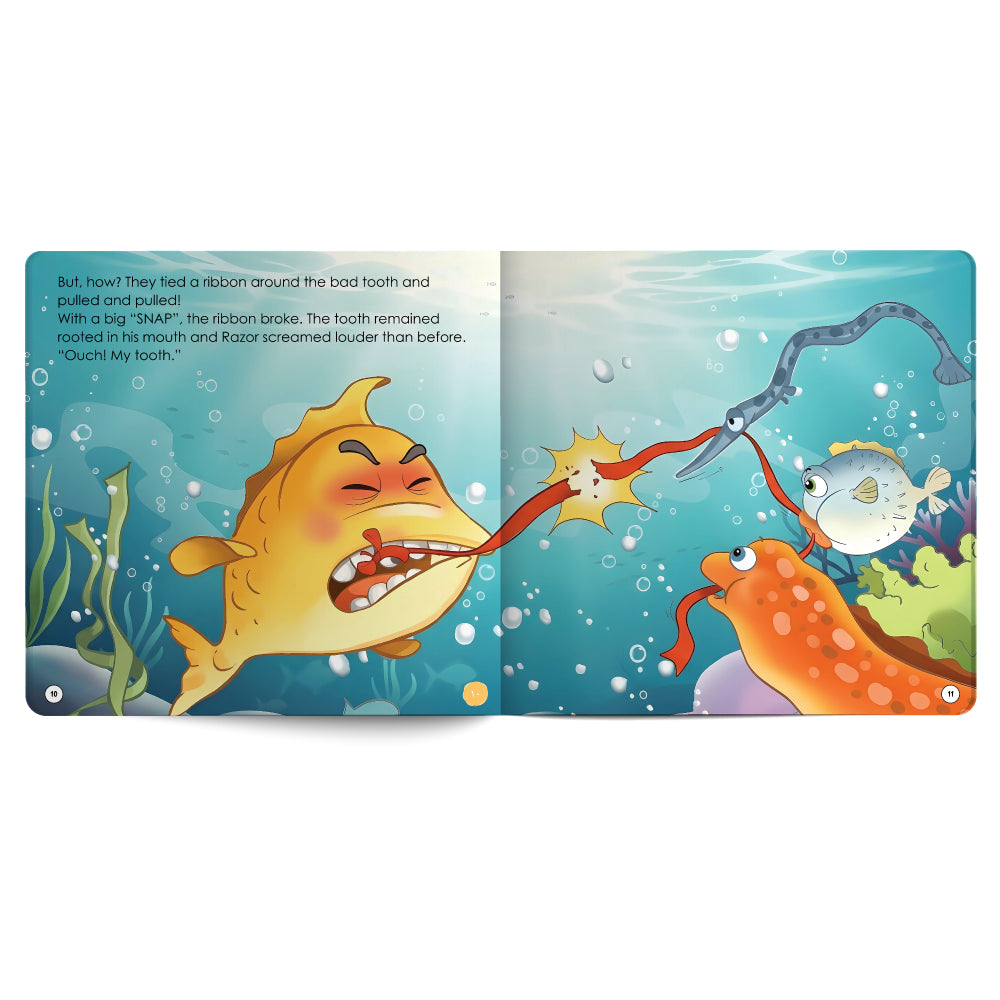 Illustrated book page with a cartoon fish and another character underwater.