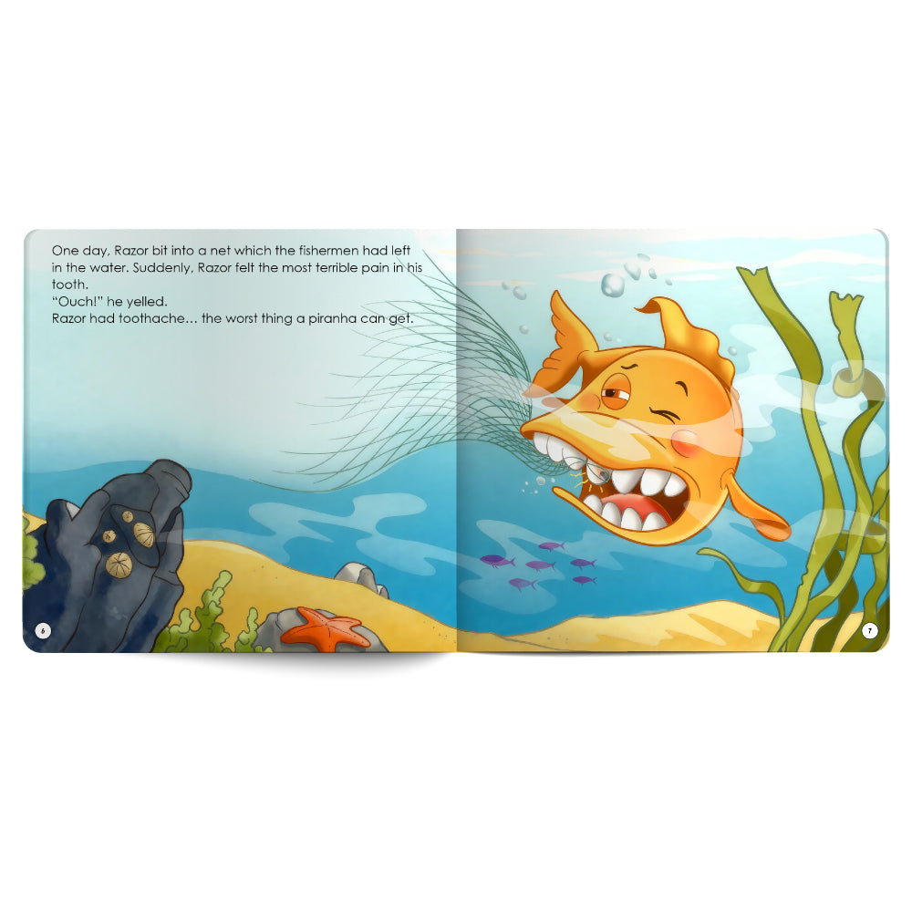 Illustrated book open to a page with a cartoon fish character and underwater scene.
