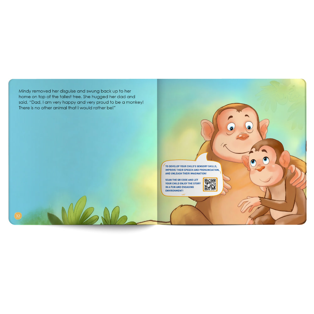 Illustration of two monkeys on a book page with a QR code.