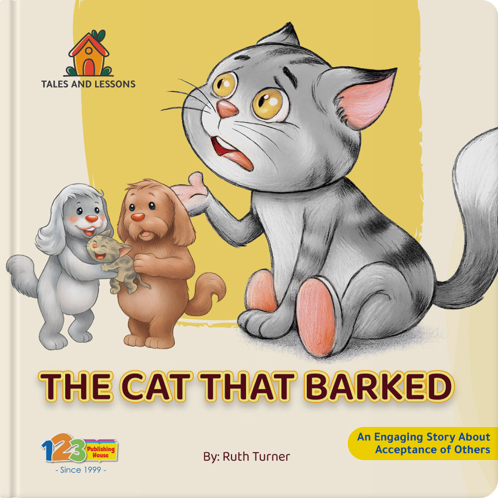 Book cover of 'The Cat That Barked' with cartoon cat and dogs on a yellow background