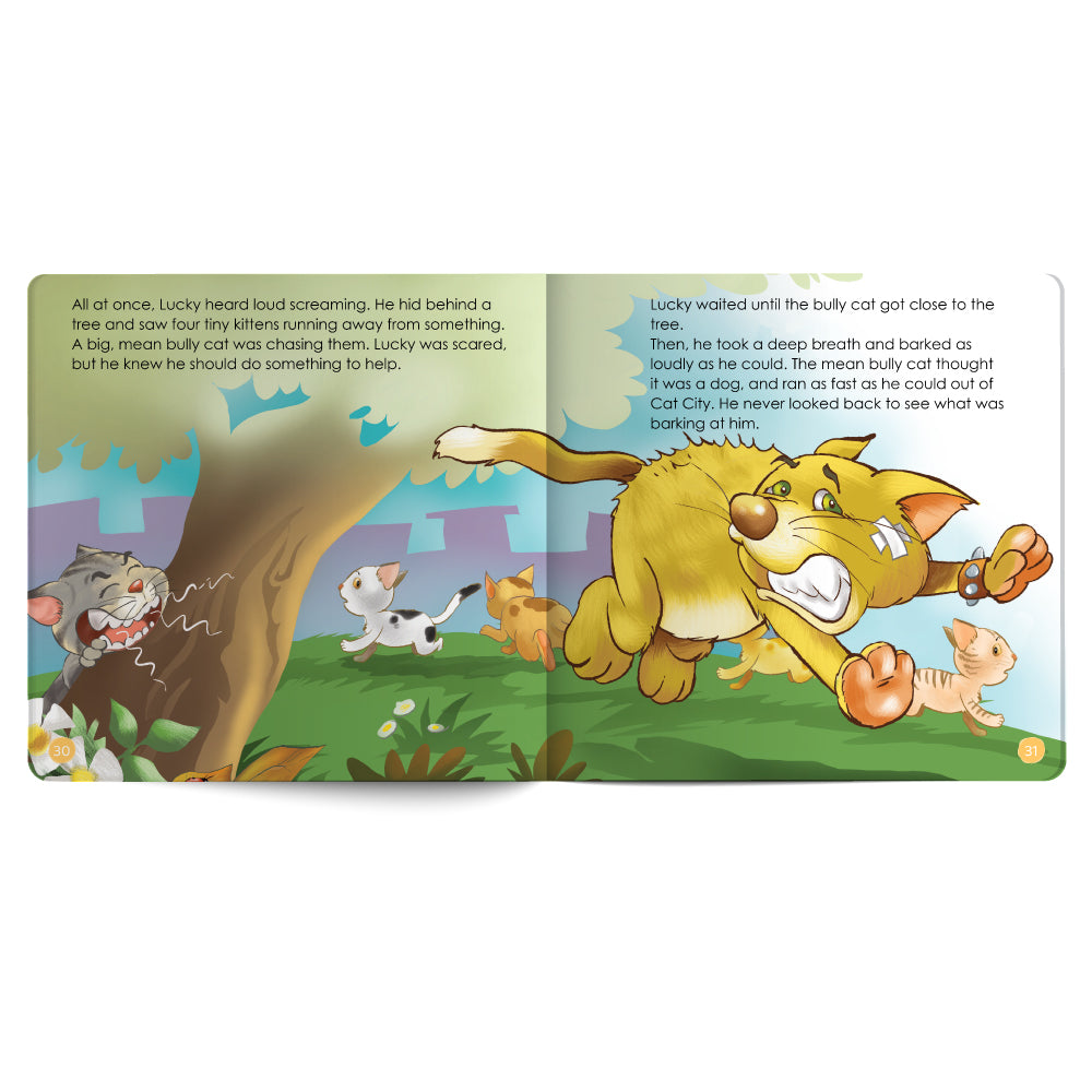 Illustrated book page with a cat chasing a bullseye, surrounded by other cats, on a grassy area with trees.