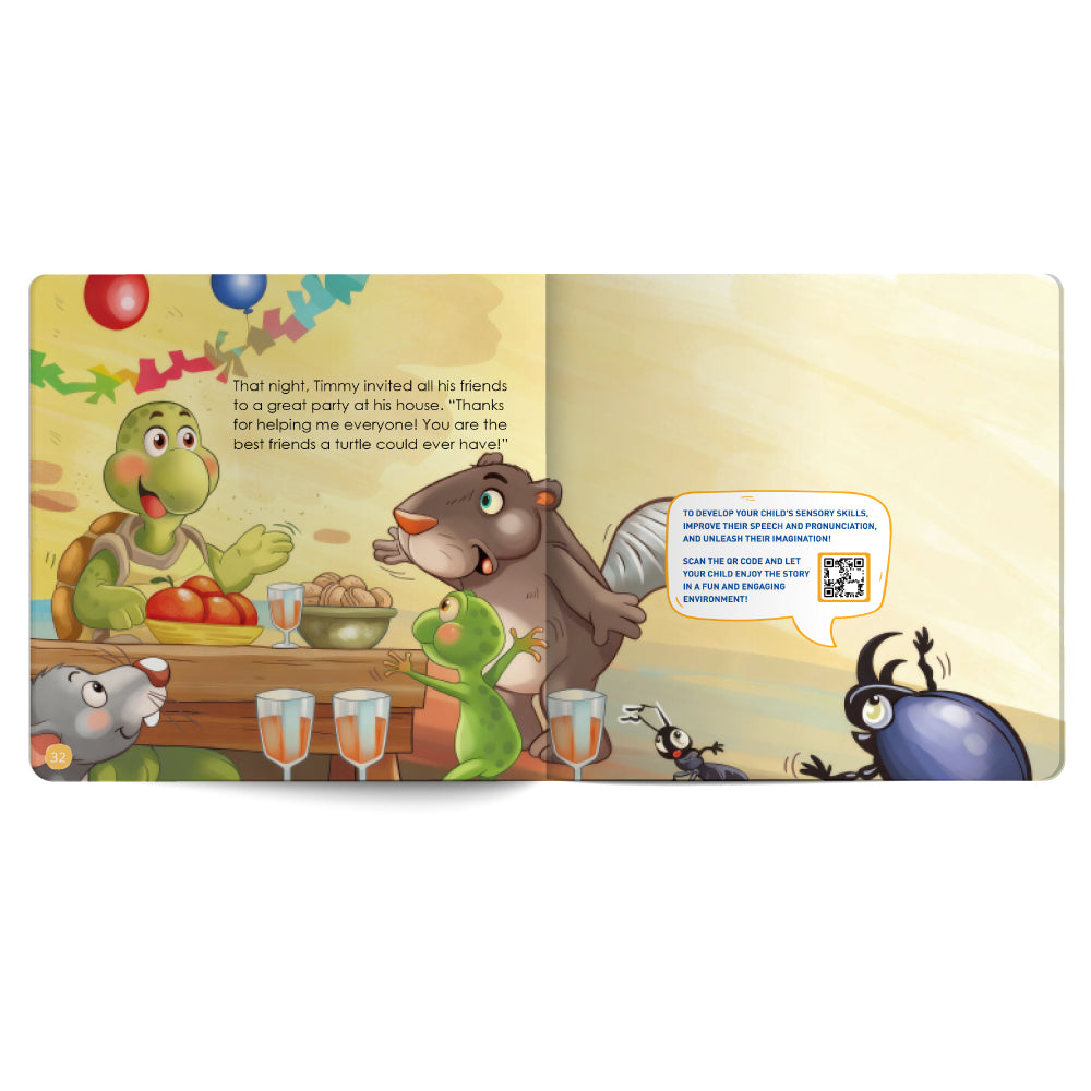 Illustrated book page with cartoon animals at a party on a yellow background