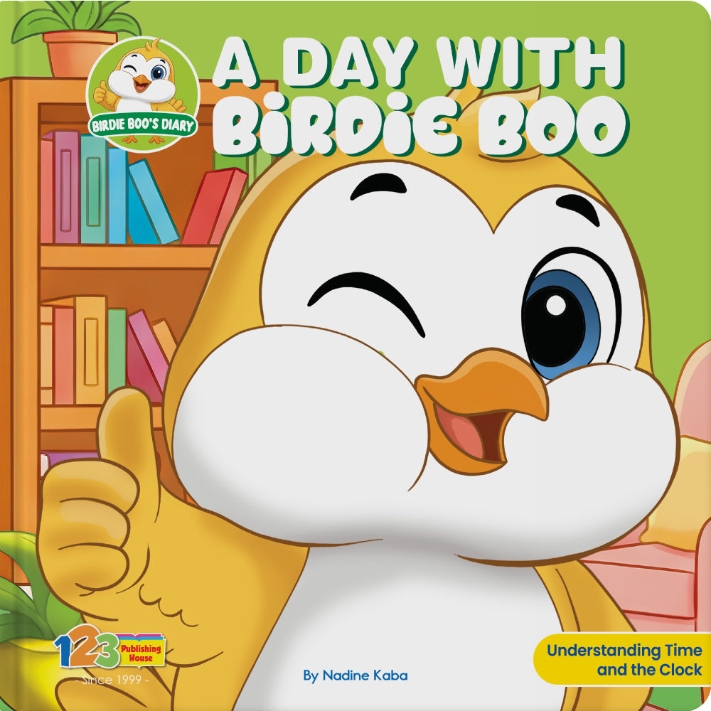 Book cover of 'A Day with Birdie Boo' featuring a cartoon bird character giving a thumbs up.