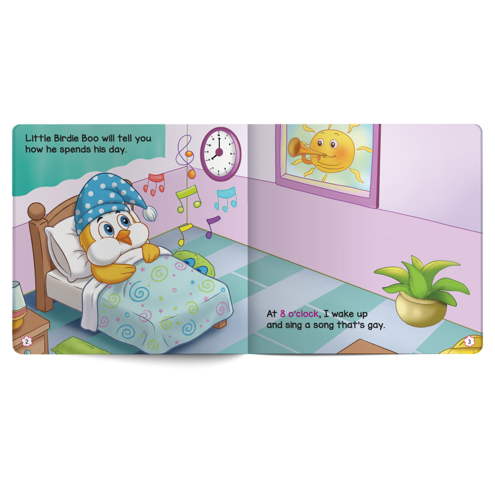 Illustrated book page with a penguin character in bed, colorful room, and text.