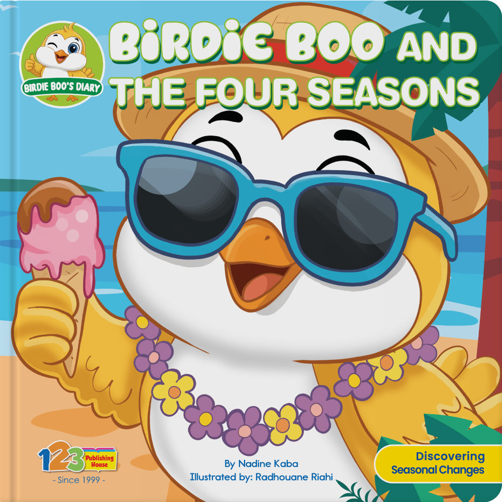 Book cover of 'Birdie Boo and the Four Seasons' with a cartoon bird character holding an ice cream.