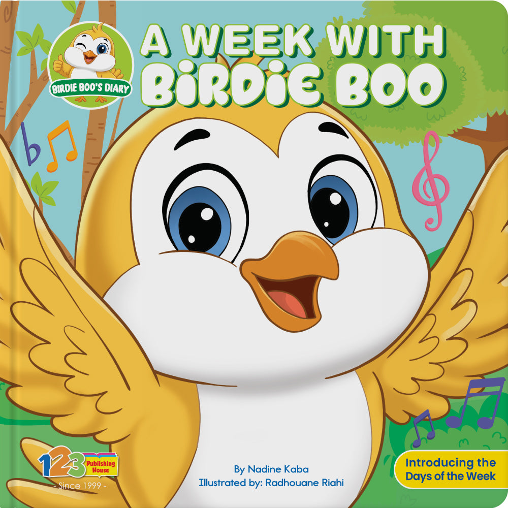 Book cover of 'A Week with Birdie Boo' featuring a cartoon bird character with music notes around it.