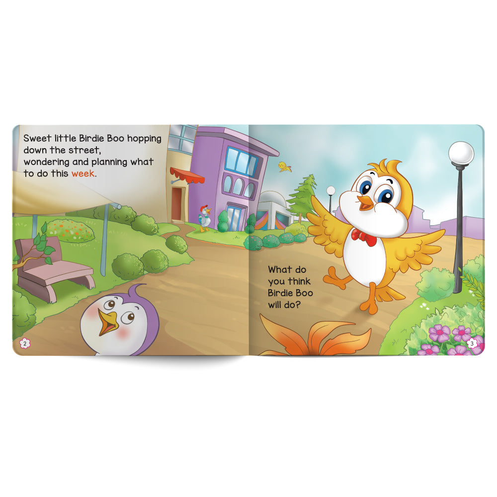 Children's book open to a page with a cartoon bird character on a street.