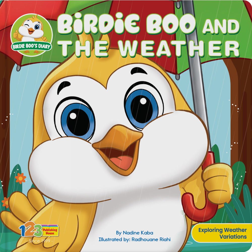 Book cover of 'Birdie Boo and the Weather' with a cartoon bird holding an umbrella.