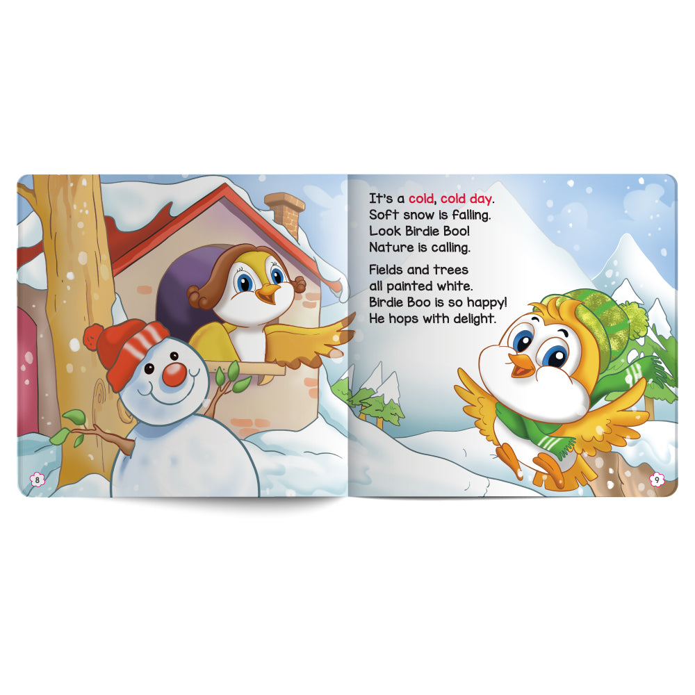 Illustrated book page with penguins and a snowman in a snowy scene.