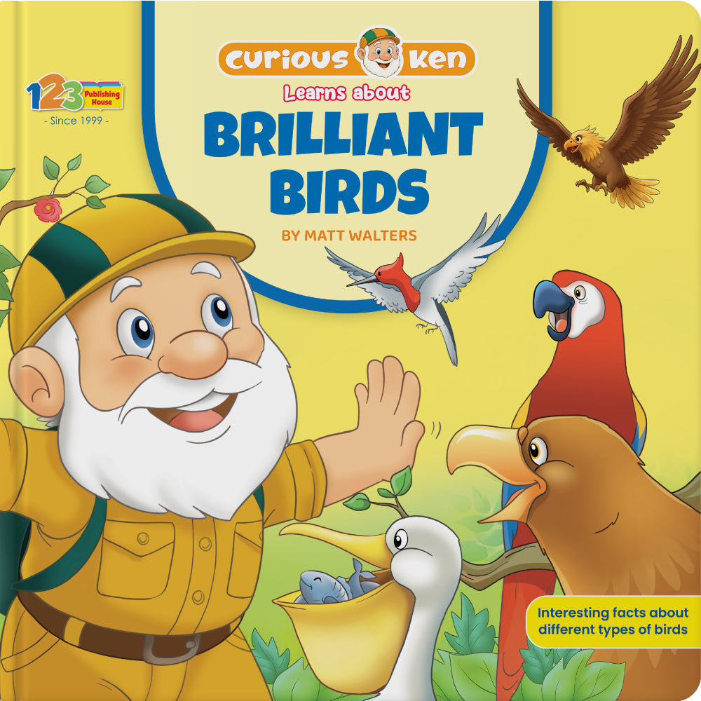 Book cover of 'Curious Ken Learns about Brilliant Birds' with a cartoon character and birds on a yellow background.
