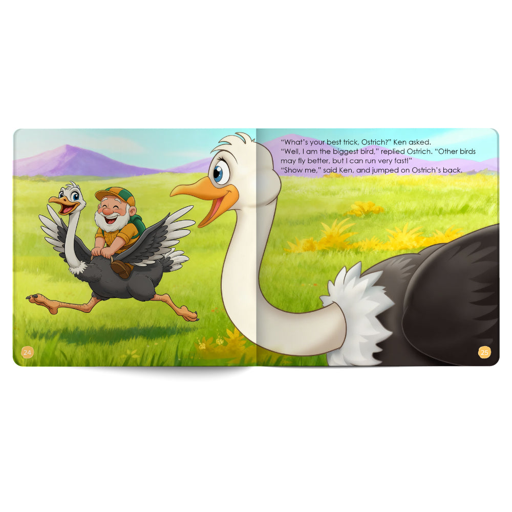 Animated scene with a goose and a duck in a grassy field, featuring text.