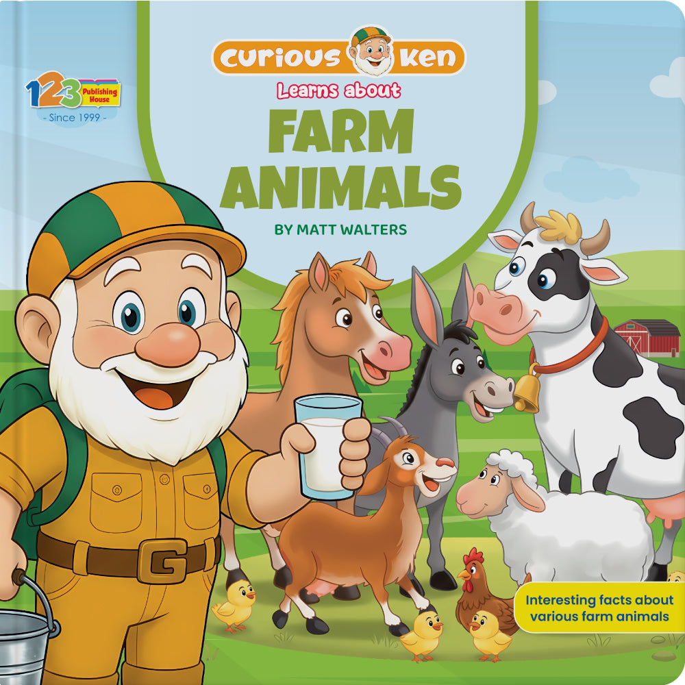 Book cover of 'Curious Ken Learns about Farm Animals' with a cartoon character and farm animals.