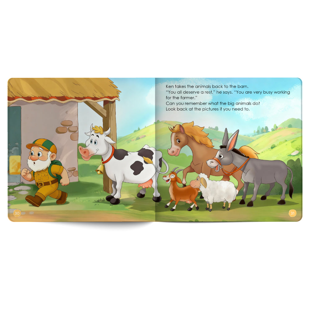 Illustrated book page with farm animals and a farmer character on a scenic background.