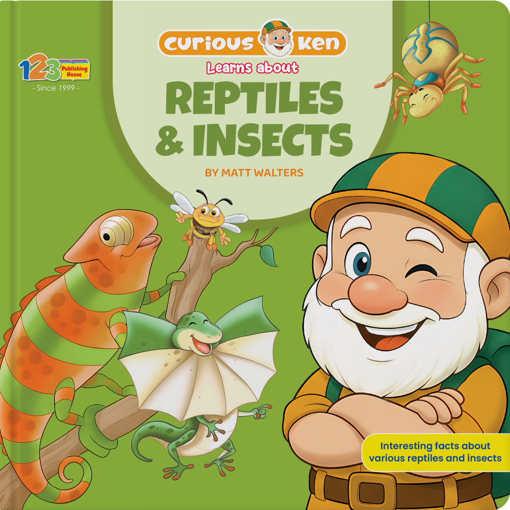 Book cover of 'Curious Ken Learns about Reptiles & Insects' with cartoon character and animals on a green background.