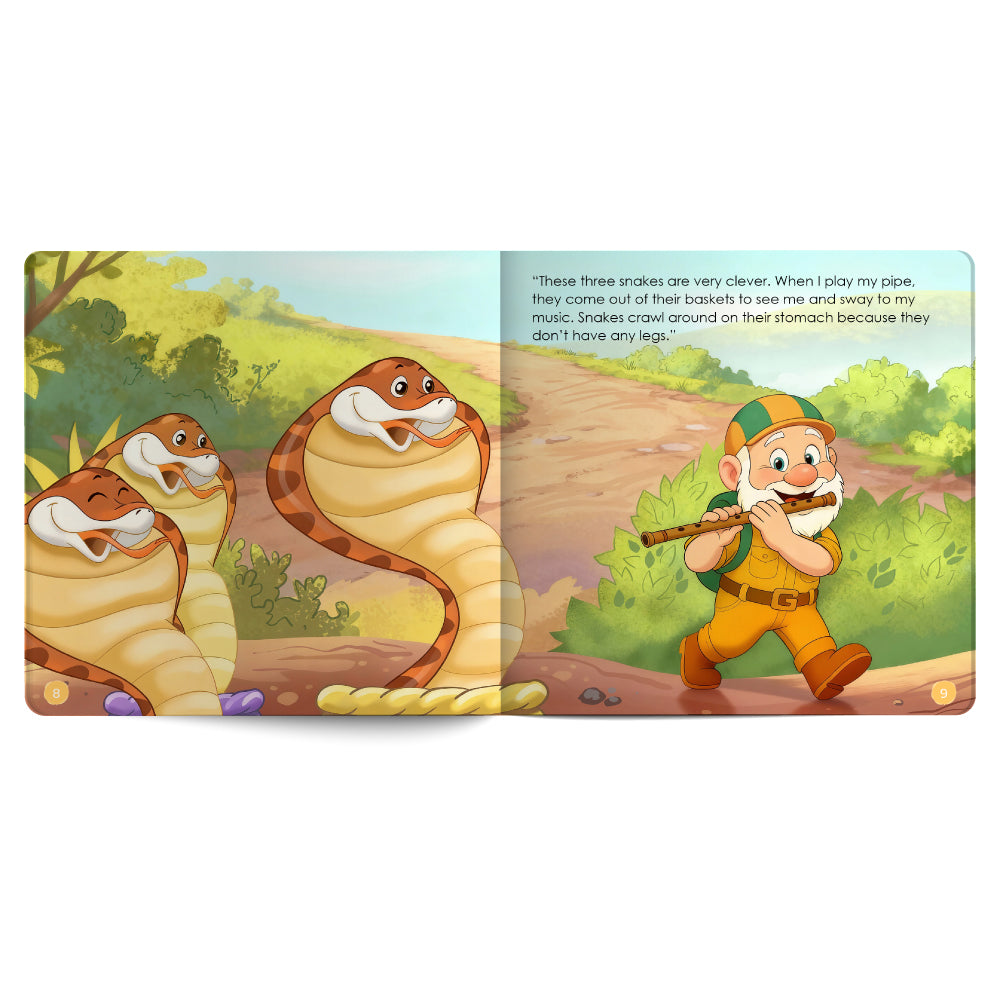 Illustrated book page with cartoon characters of snakes and a gnome playing a flute.