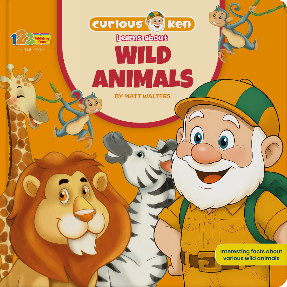Book cover of 'Curious Ken Learns about Wild Animals' with cartoon characters and animals.