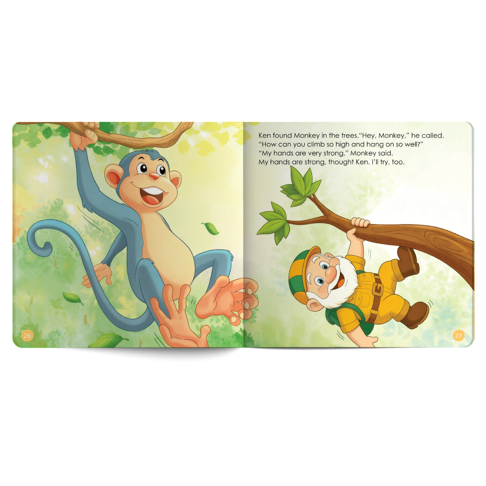 Illustrated book open to two pages with a monkey and a character in a forest setting.