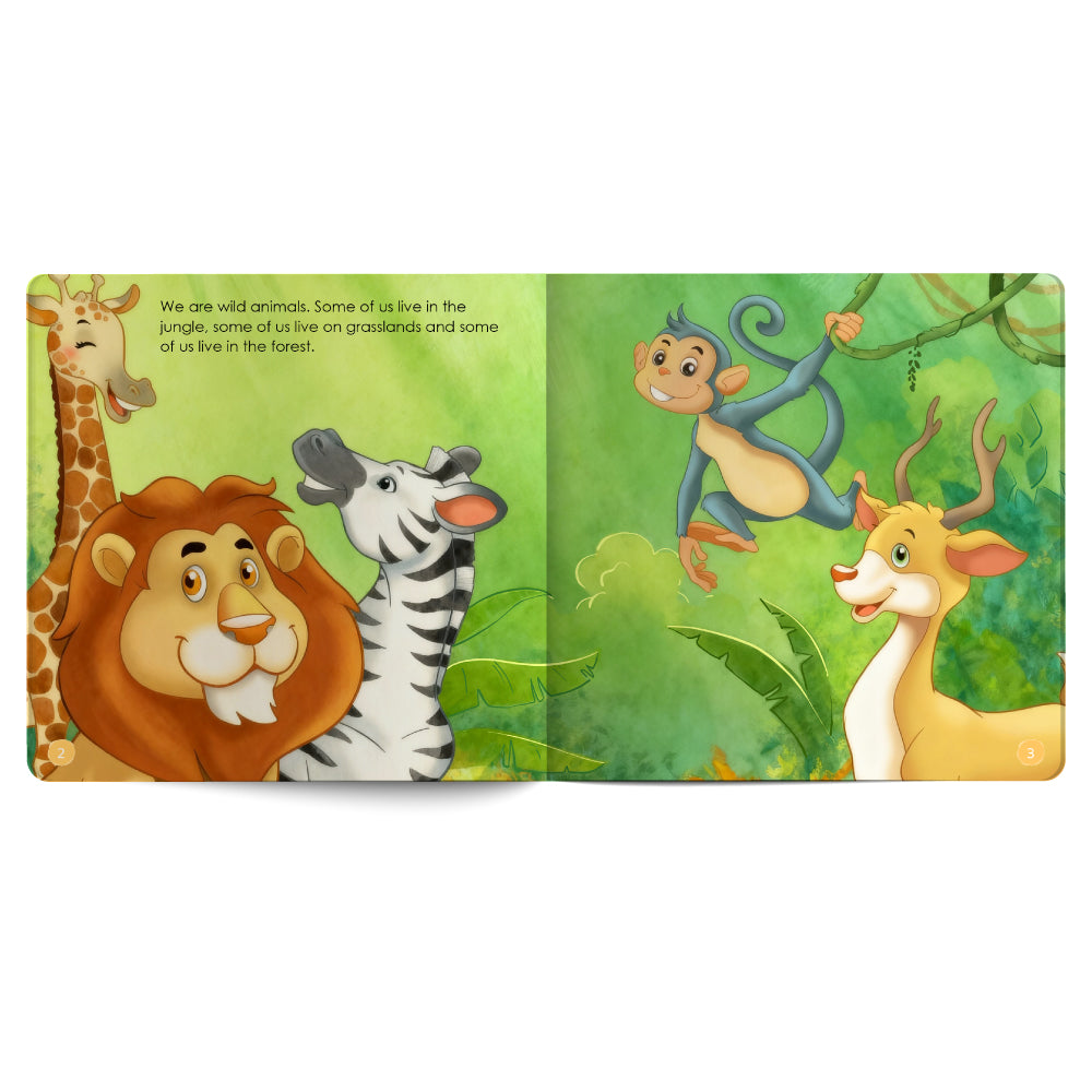 Illustrated book open to pages with cartoon animals in a jungle setting