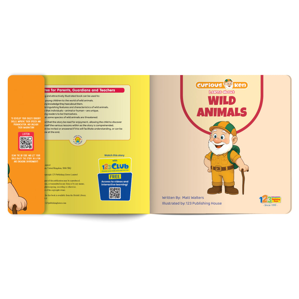 Open book showing a character and text on a white background