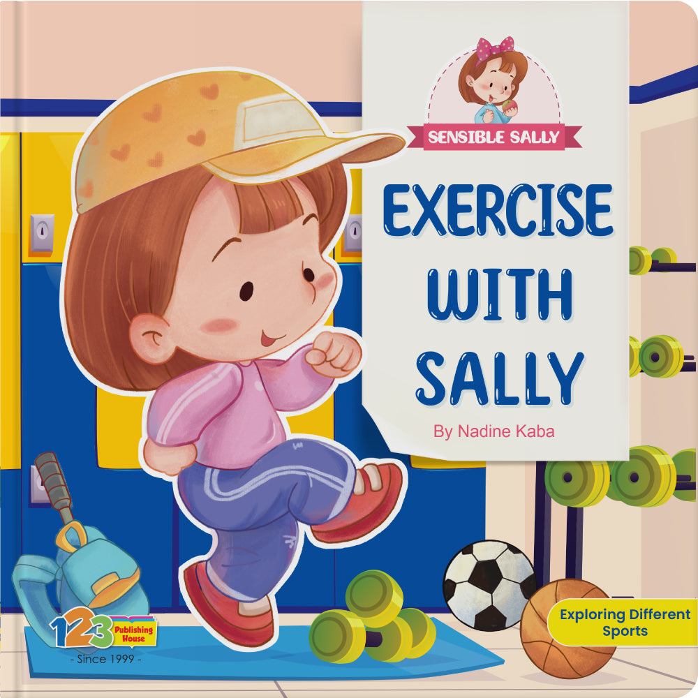 Children's book titled 'Exercise with Sally' featuring a character in athletic gear and sports equipment on the cover.