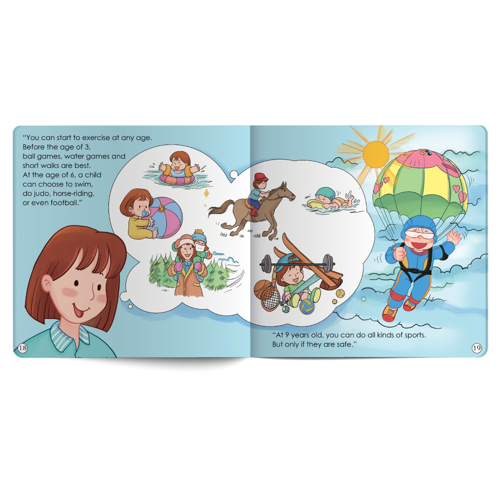 Illustrated book open to a page with various activities and a child's face on a white background