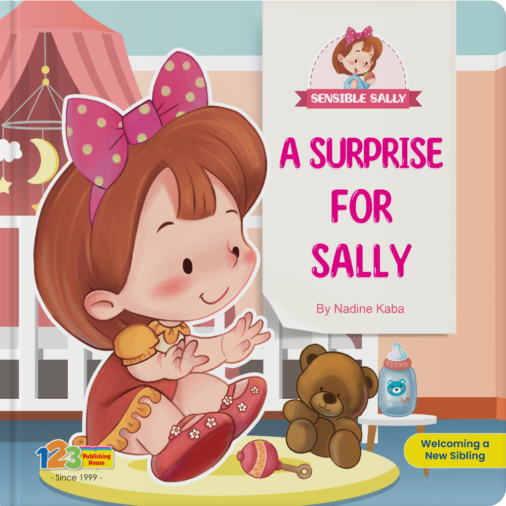 Book cover of 'A Surprise for Sally' featuring a girl with a pink bow and teddy bear.