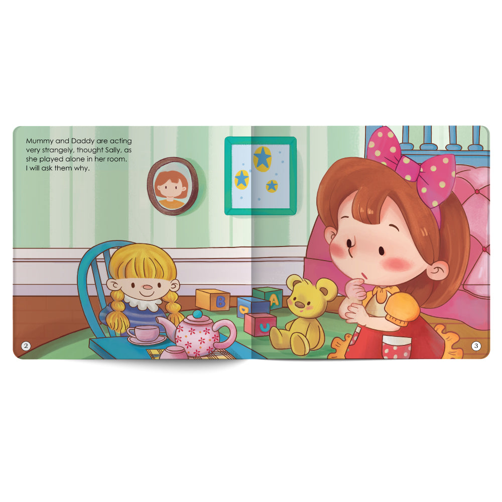 Illustrated children's book page with a girl and doll in a room setting.