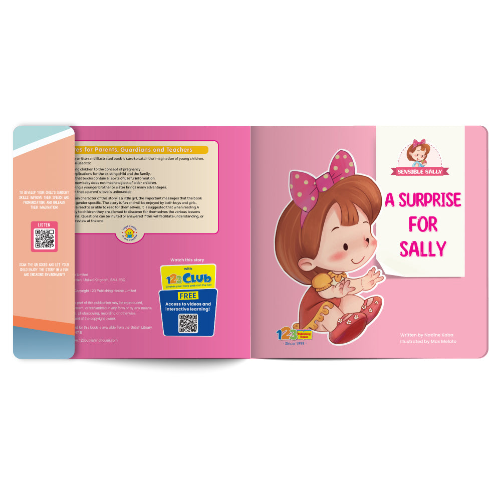 Open book with a cartoon character on a pink background