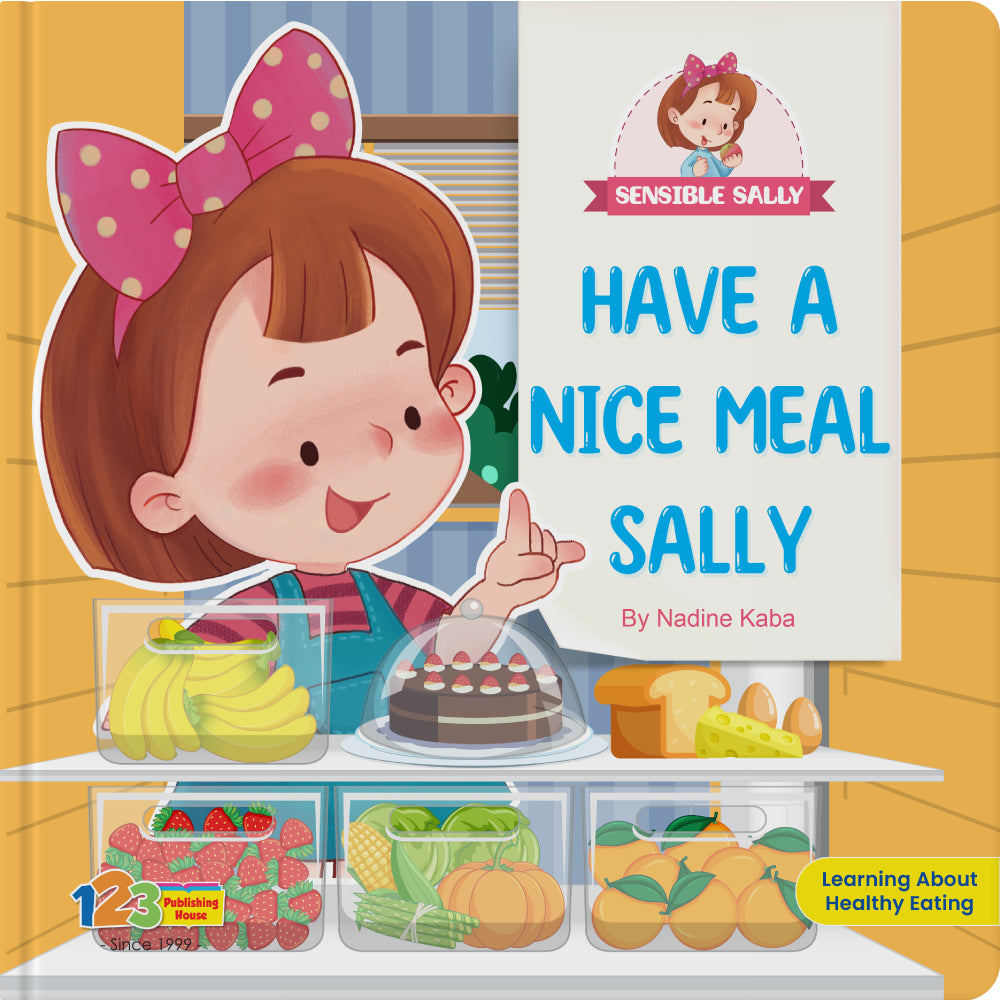 Children's book titled 'Have a Nice Meal Sally' with a cartoon character in a kitchen setting.