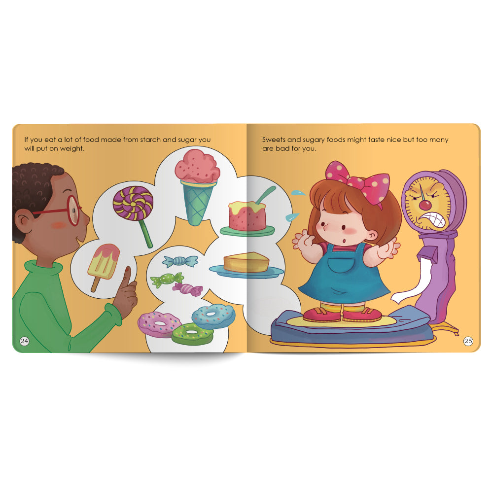 Illustration from a children's book showing a boy and girl on a scale with food items around them.