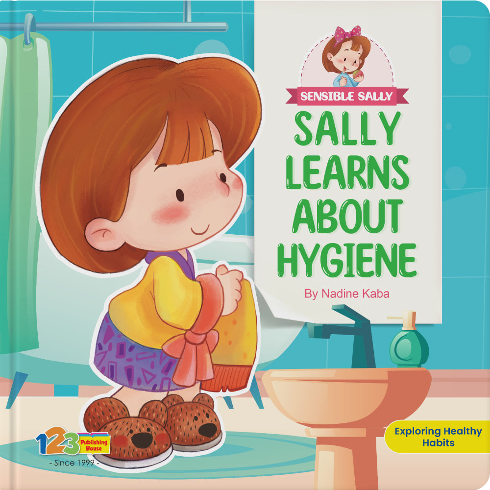 Book cover of 'Sally Learns About Hygiene' featuring a cartoon girl in a bathroom setting.