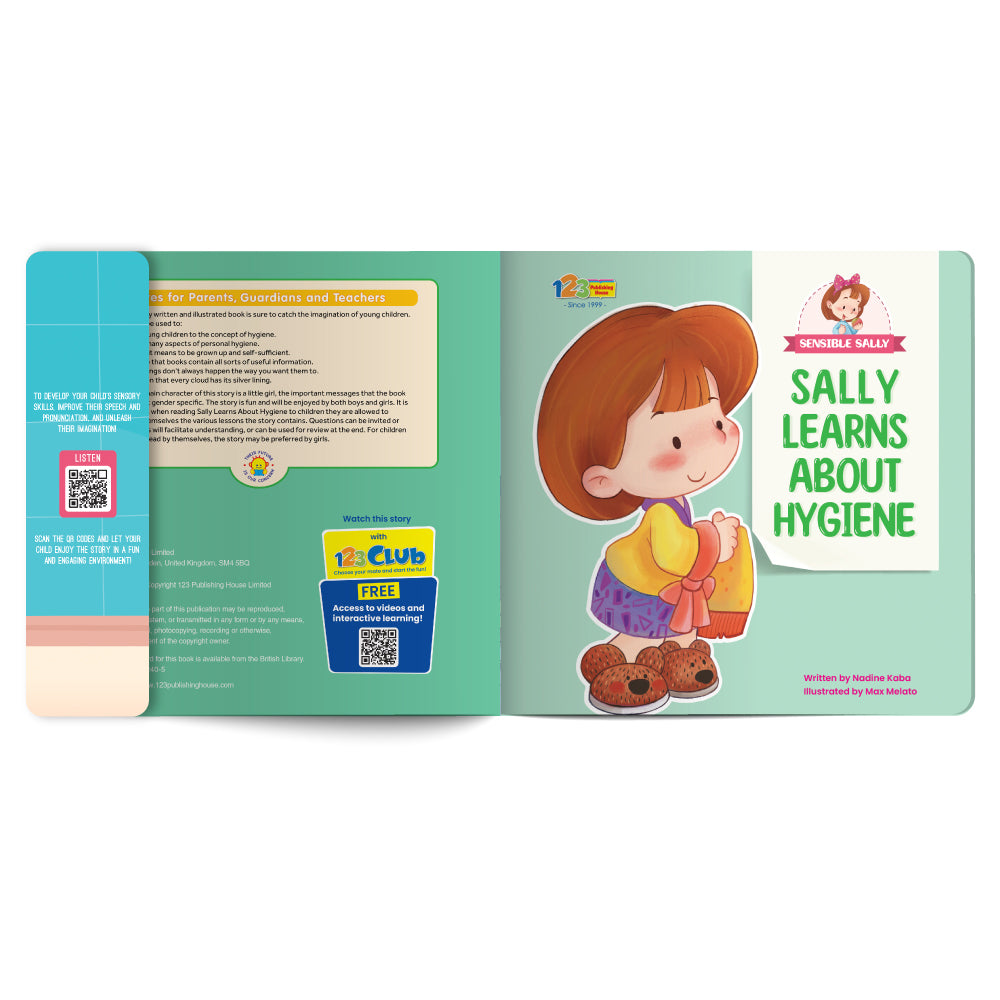 Open book showing a character named Sally learning about hygiene with colorful design elements.
