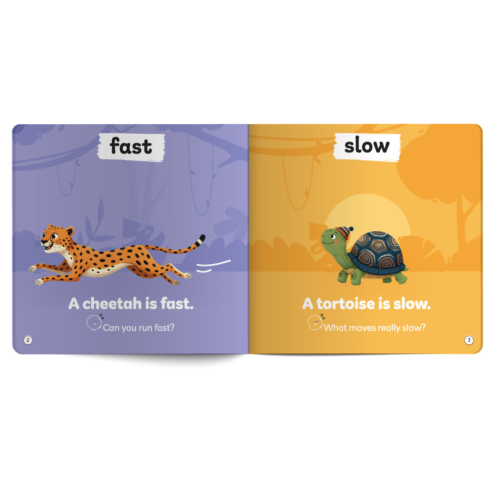 Educational book page with a cheetah and a tortoise on two different colored backgrounds.