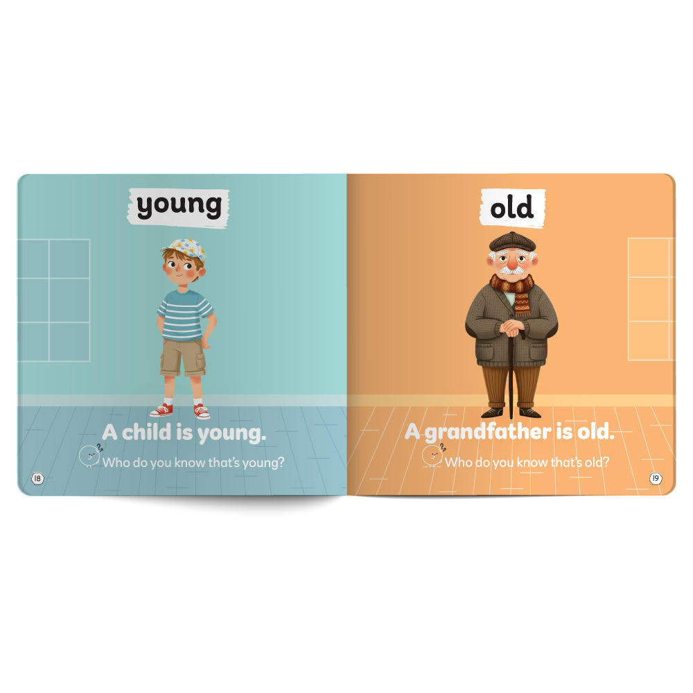 Illustration of a book with 'young' and 'old' pages showing a child and an elderly man.