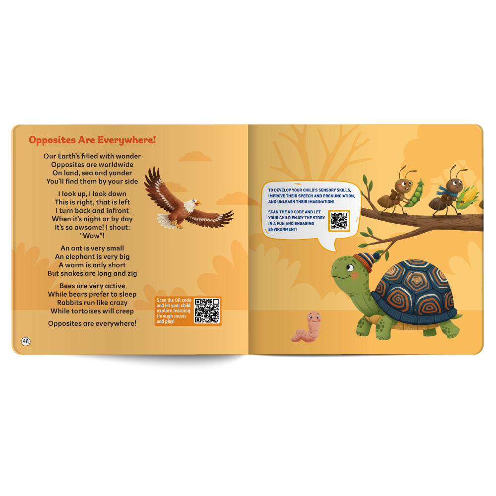 Open book with illustrations of an eagle, turtle, and ants on a yellow background